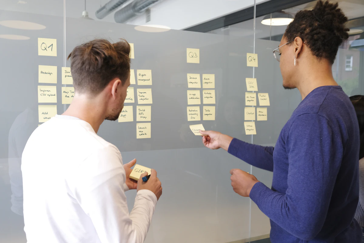 Two colleagues at a glass wall arranging yellow sticky notes under Q1 to Q4 column headings