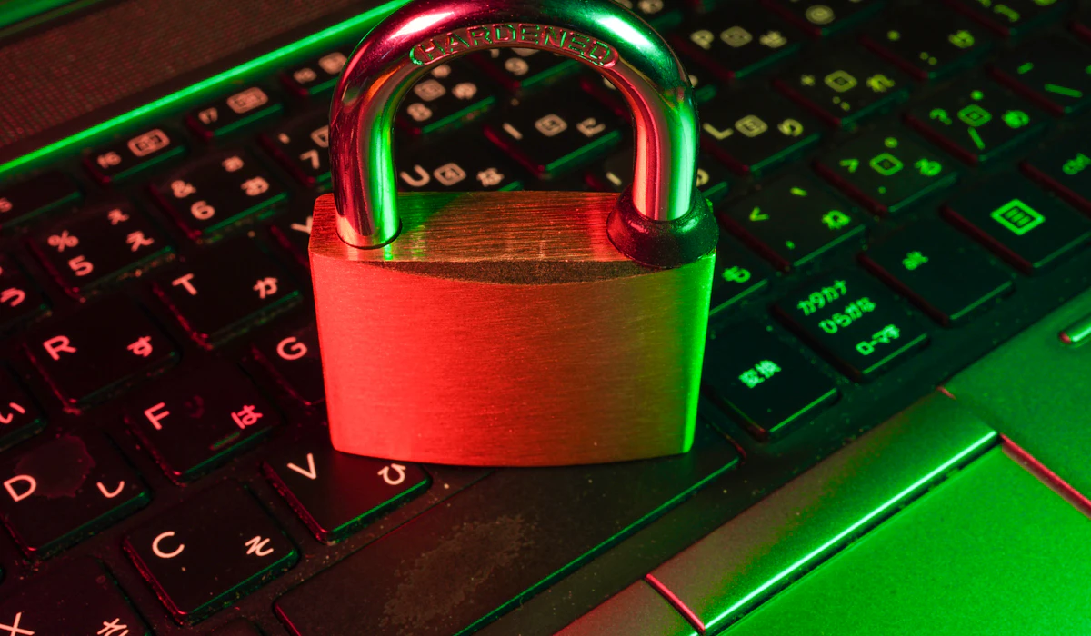 A padlock resting on a laptop keyboard
