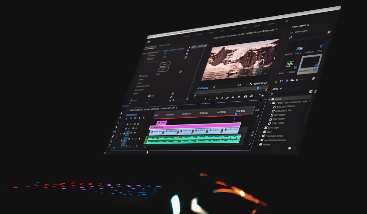 Uno schermo con un software di editing video e una timeline di montaggio
